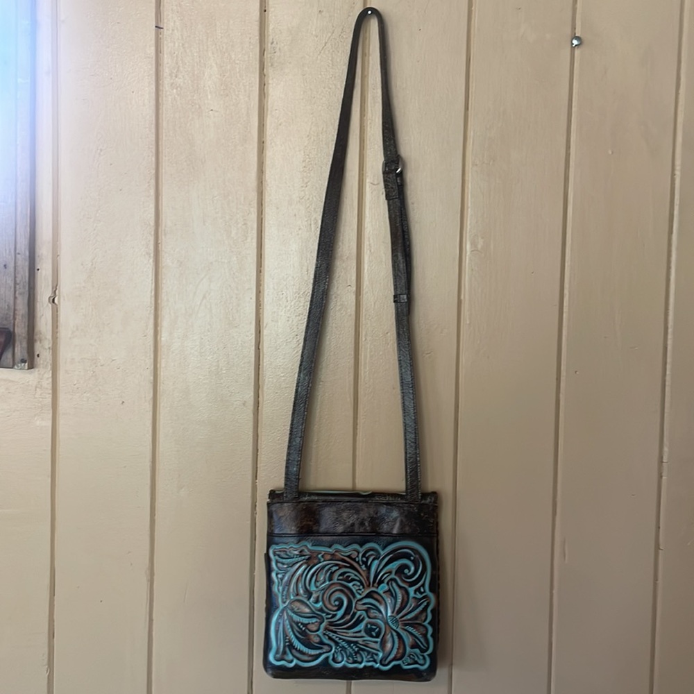 Patricia Nash Granada Tooled Leather Crossbody Antique Brown Turquoise - Picture 6 of 8